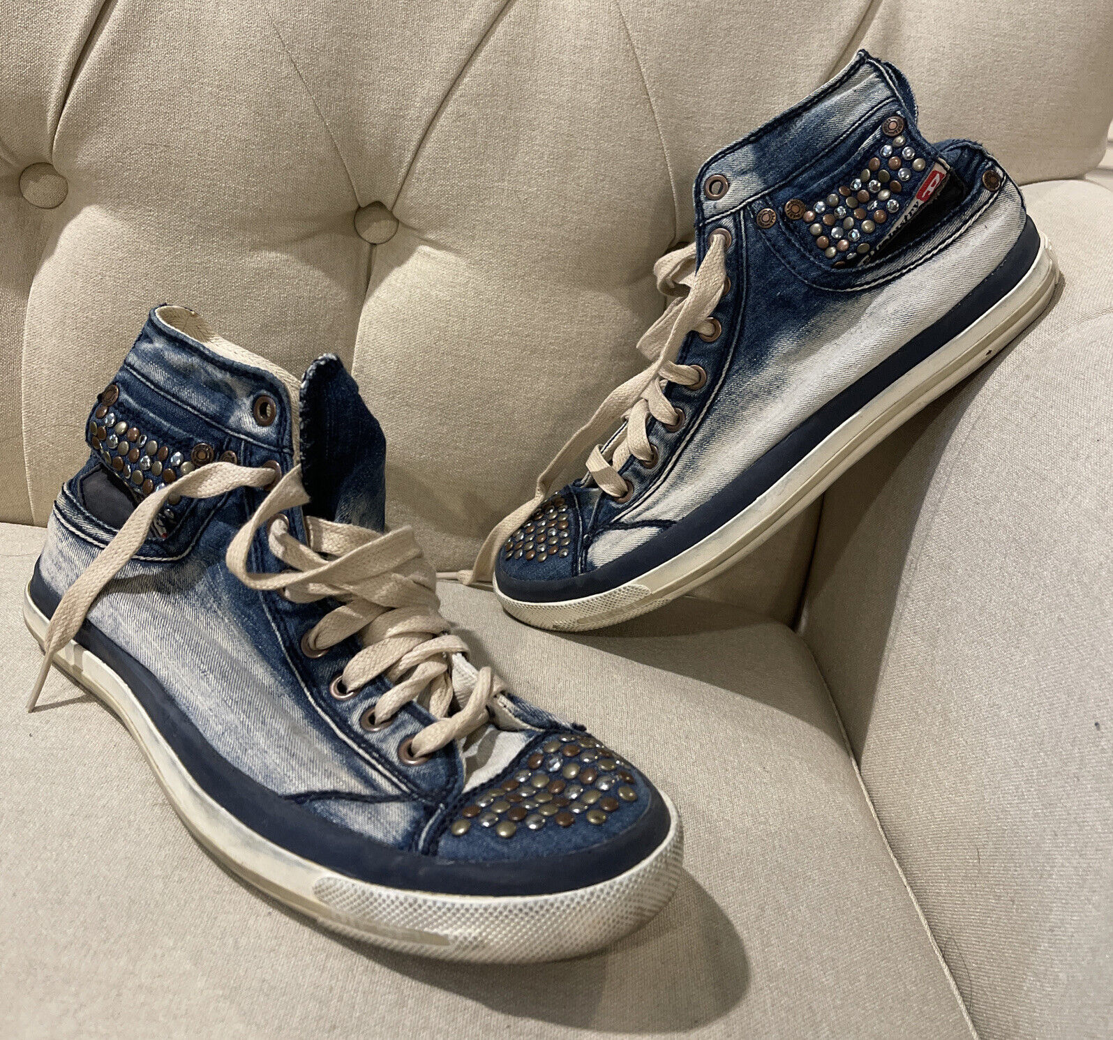 waardigheid plotseling Thespian Diesel Womens High Top Studded Denim Sneakers ( Size 38.5 ) US 8 Blue | eBay