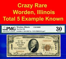 1929 $10 National Bank Worden, Illinois CH# 10669 PMG 30 2nd highest graded