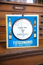 Vintage Fleischmanns Gin Vodka Whiskey Cocktails Metal Glass Sign Thermometer