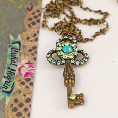 Michal Negrin Old Key Necklace Victorian Revival Pastel Green Blue