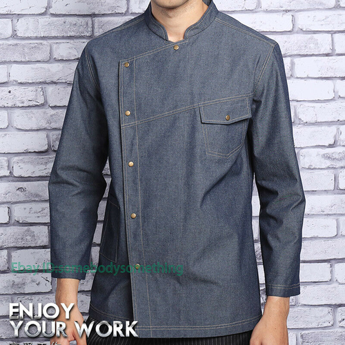 Men Denim Hotel Restaurant Kitchen 3/4 Sleeve Jean Coat Cook Wear Chef Jacket - Picture 6 of 12