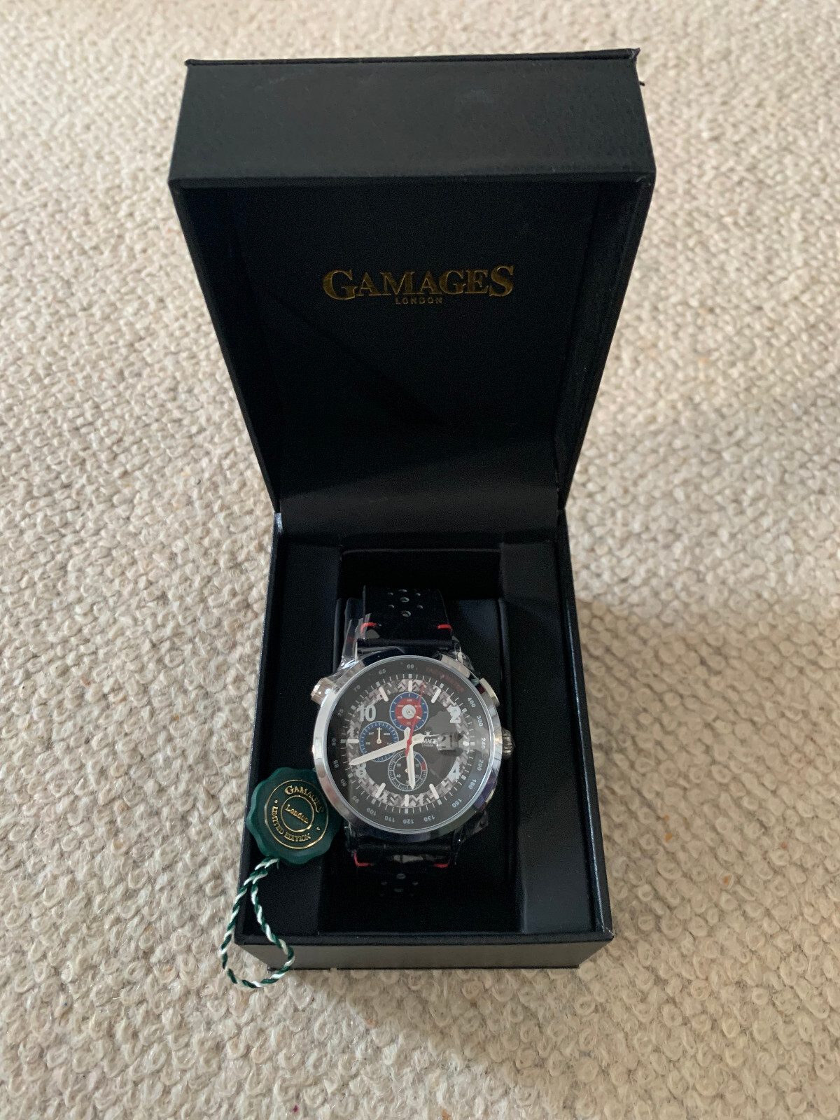 GAMAGES Mens Automatic Watch Target Racer Leather Black Wristwatch RRP £710