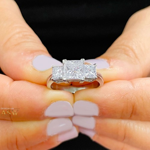14K SOLID WHITE GOLD PRINCESS SIMULATED DIAMOND ENGAGEMENT RING THREE STONE 2.00 - Picture 2 of 12