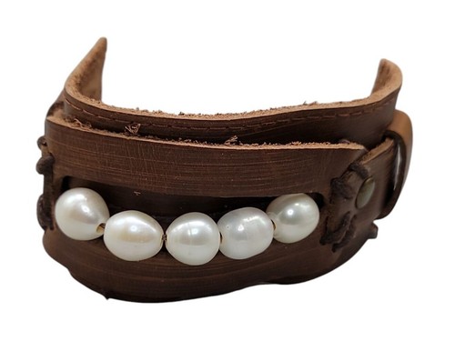 Leather Baroque Pearl Bracelet Boho Style Vintage Handmade Designer Size 7.5 - Picture 17 of 19