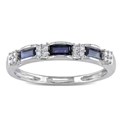 Simulated Blue Sapphire Wedding Band Half Eternity Ring 14K White Gold Finish