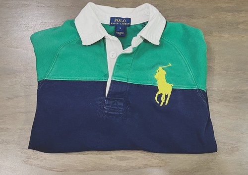 Polo Ralph Lauren Shirt Kids Size 5 Big Pony Green Blue Rugby Shirt - Picture 6 of 6