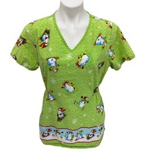 Cherokee Snowman Scrub Top Womens Medium Winter Green Holiday Frosty Skiing