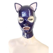 Handmade Latex Unisex Cat Hood Mask Purple Attached Ears for Party Wear