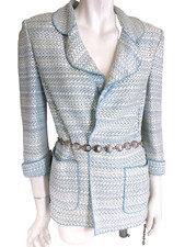 ST. JOHN 4 Blazer Jacket 3/4 Sleeve Green/White Boucle Relaxed Open Front