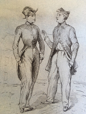 Large Original Drawing Two Men Discussing Ink 1850 Full-Length Portrait