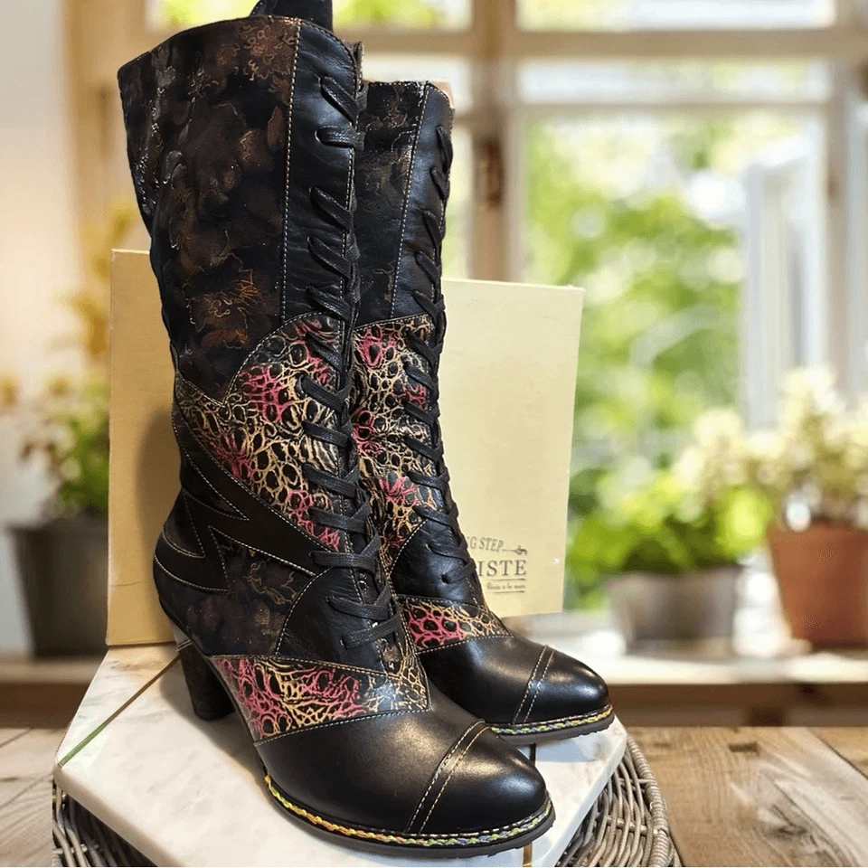 L’ARTISTE Spring Step Hand Painted Leather Lace-Up Boots Malagie Croco EU 42 - Image 2 of 4