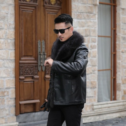 Men's Fox Fur Collar Wool Fur Lined Genuine Sheepskin Outwear Leather Jacket New - Picture 14 of 18