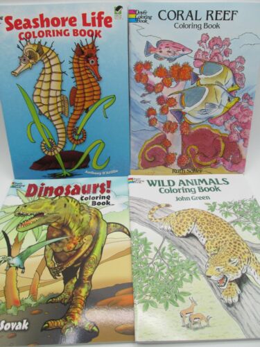 LOT 4 DOVER COLORING BOOKS SEASHORE LIFE-CORAL REEF-DINOSAURS-WILD ANIMALS!