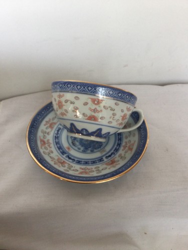 Vintage Chinese Tea Cup & Saucer Set Rice Blue White Linglong Dragon Multicolor - Picture 6 of 20