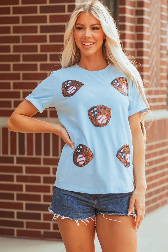 Camiseta informal con parche de lentejuelas Gopher Ball azul claro Foto 4 de 4