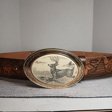 Vintage Barlow Leather Belt Solid Brass Buckle Stag Deer Nature Hunting