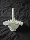 Vintage Fenton Hobnail White Milk Glass Basket with a ruffled edge and handle