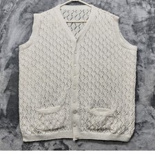 Vintage Sweater Vest Womens XL Cream Crochet Knit Sleeveless Cardigan Pockets