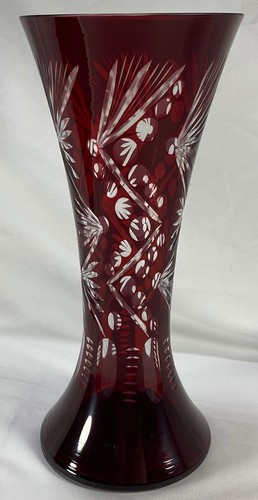Vintage Beautiful Bohemia Ruby Red Cut Glass Crystal Vase 10" tall