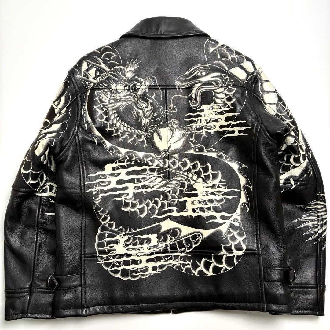 AVIREX Sheep Leather Jacket Black L Snake & Dragon Details Used