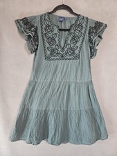 Gap Women XS Crinkle Gauze Mini Tunic Dress Floral Embroidery Forest Green Vneck