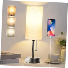 Bedside Table Lamp for Bedroom, 3-Color Small Lamps with Pull 15 in Black