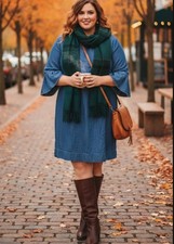 Talbots Dress Womens 16P Blue Chambray Denim Shift 3/4 Bell Sleeve Petite Casual