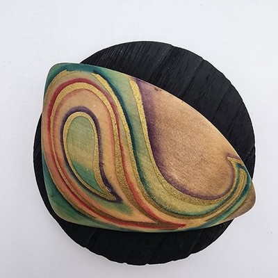 VTG Magda K Hand Painted Wood Abstract Brooch Pin 3.25'' Modernist GUC