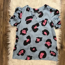 Women’s Boutique Blue Leopard Print Blouse with Pink & Black Accents Size Large