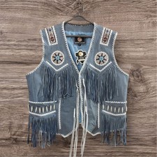 Men blue Suede Leather Cowboy Vest with Beaded Fringe Vest