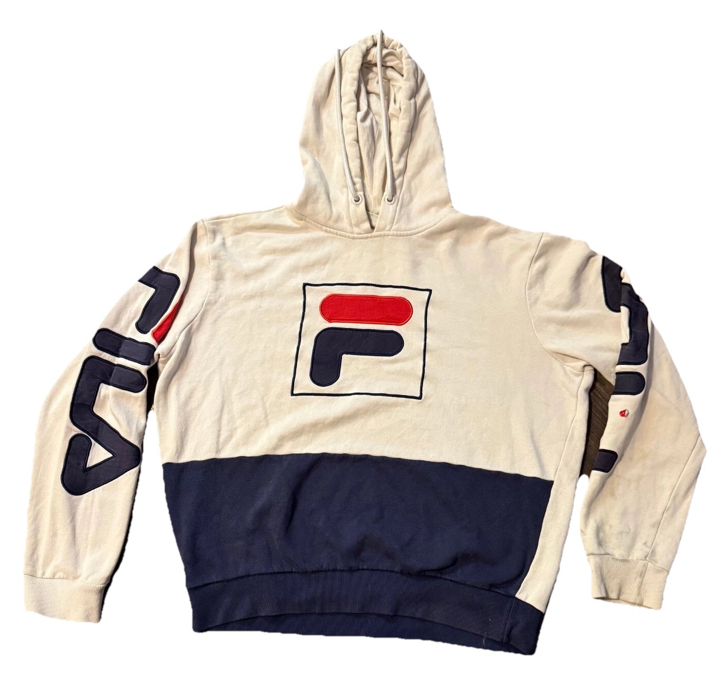 Felpa con cappuccio Fila uomo bianca blu logo vintage fodera sherpa a costine rara taglia M