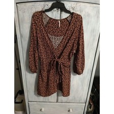 Free People Puff Sleeve Floral Print Tie Front  Mini Dress Lrg Boho Feminine