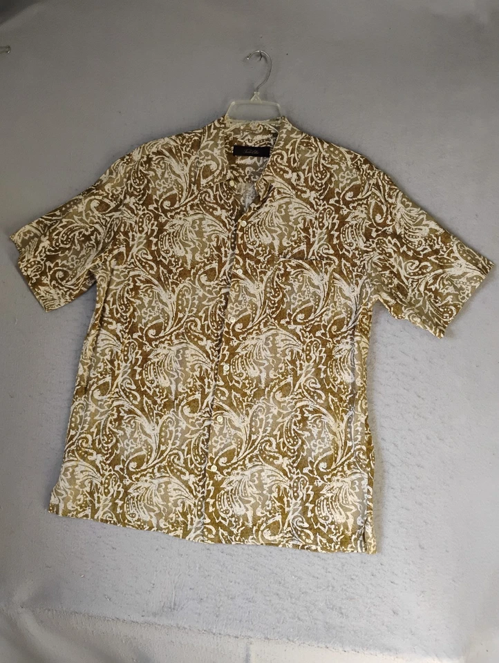 Camisa grande para hombre Tasso Elba marrón seda mezcla de lino manga corta informal abotonada Foto 3 de 4