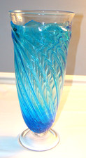 Gorgeous Turquoise Blue Swirl Hand Blown Footed Vase 13"