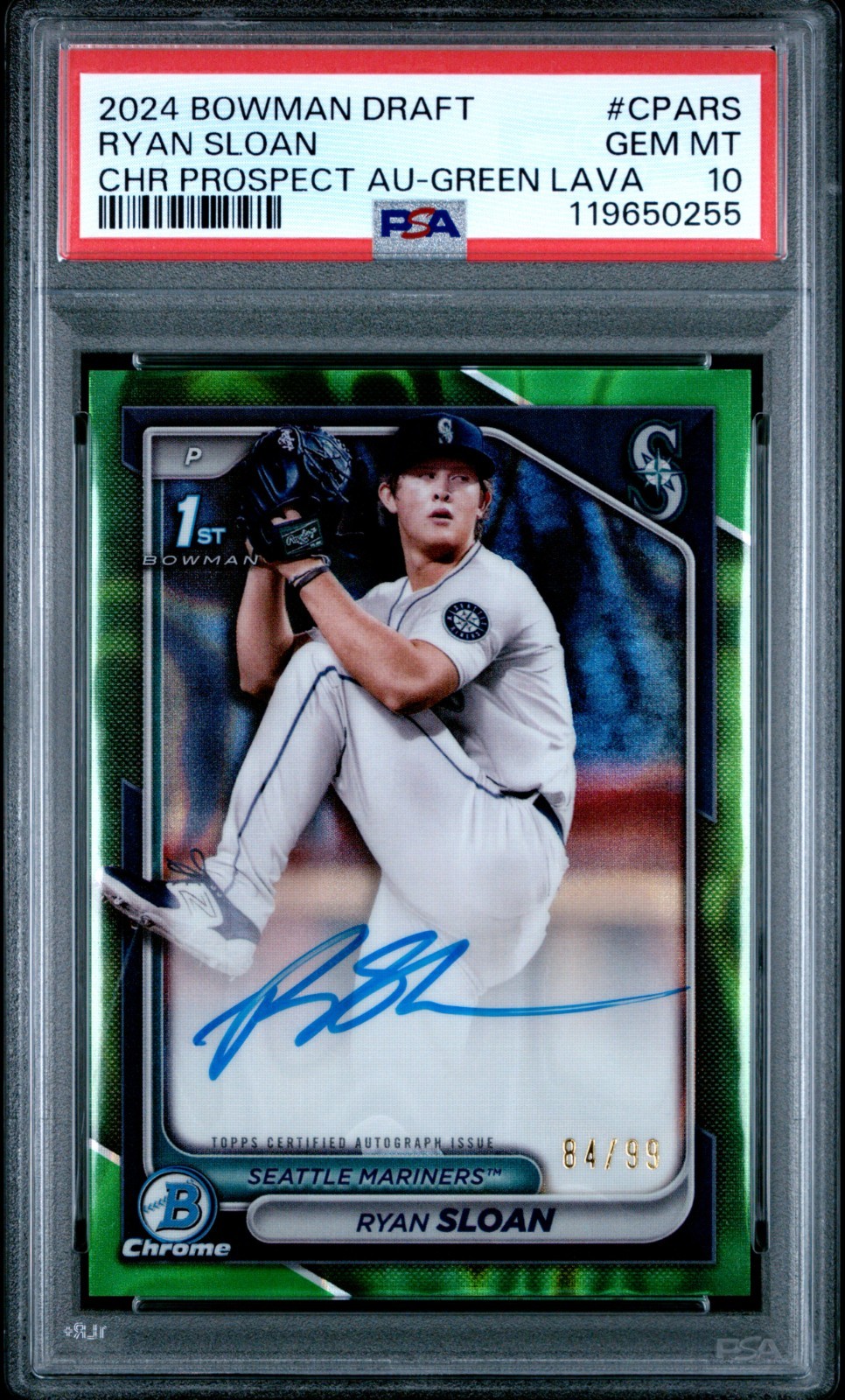 Ryan Sloan 2024 Bowman Draft Chrome 1st Green Lava Auto /99 PSA 10 Mariners