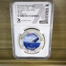2022 Cook Islands $5 Connecticut Sperm Whale Colorized 1oz .999 Silver MS70 NGC