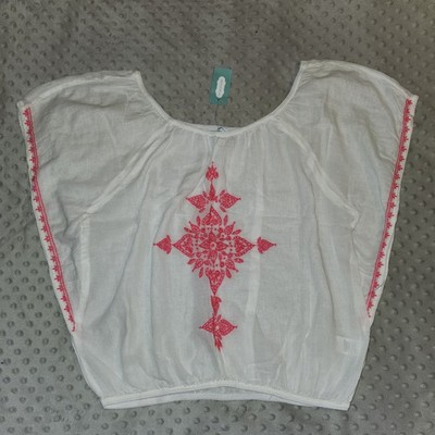 Maurices Boho Peasant Blouse Top Womens White Hot Pink Neon Embroidered Fiesta S