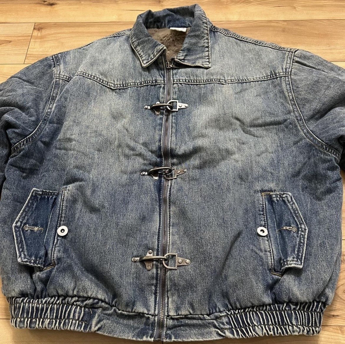 80s Fur Lined Denim Jacket With Firemen Clasps