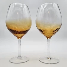 Pier 1 One Amber Gold Golden Luster Ombre Crackle Glass Wine Glass Set/2