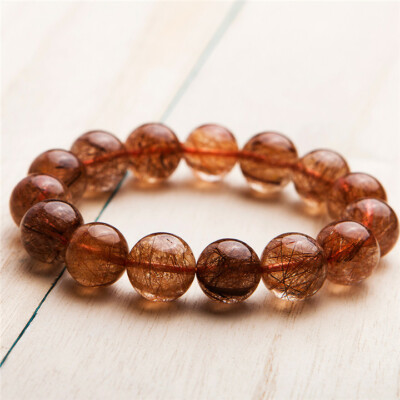 Natural Copper Hair Rutilated Quartz Crystal Round Beads Bracelet 14mm AAAAA