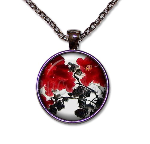 Pretty Red Black Asian Florals Nature - Handmade Round Glass Pendant Necklace