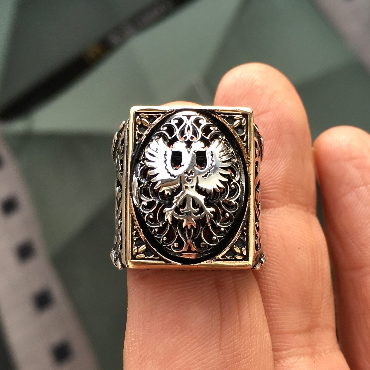 925 Sterling Silver Turkish Ottoman Signet Ring Double Headed Eagle solid  heavy