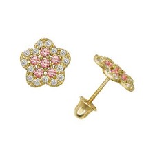 14k Yellow or White Gold CZ Flower Birthstone Stud Screw Back Earrings