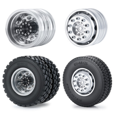 Front Metal Wheel Rims With Rubber Tires For 1/14 Tamiya Trailer & Tractor RC Trucks – Silver Finish