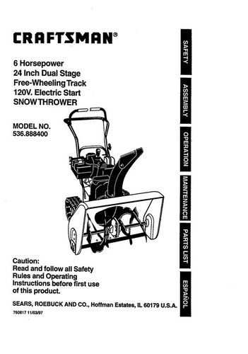 Owner’s Manual Sears Craftsman 6.0 HP 24” Snow Thrower Blower -Model ...