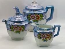 Art Deco Vintage Lusterware Teapot Sugar and Creamer Set Blue Flowers Japan 1930