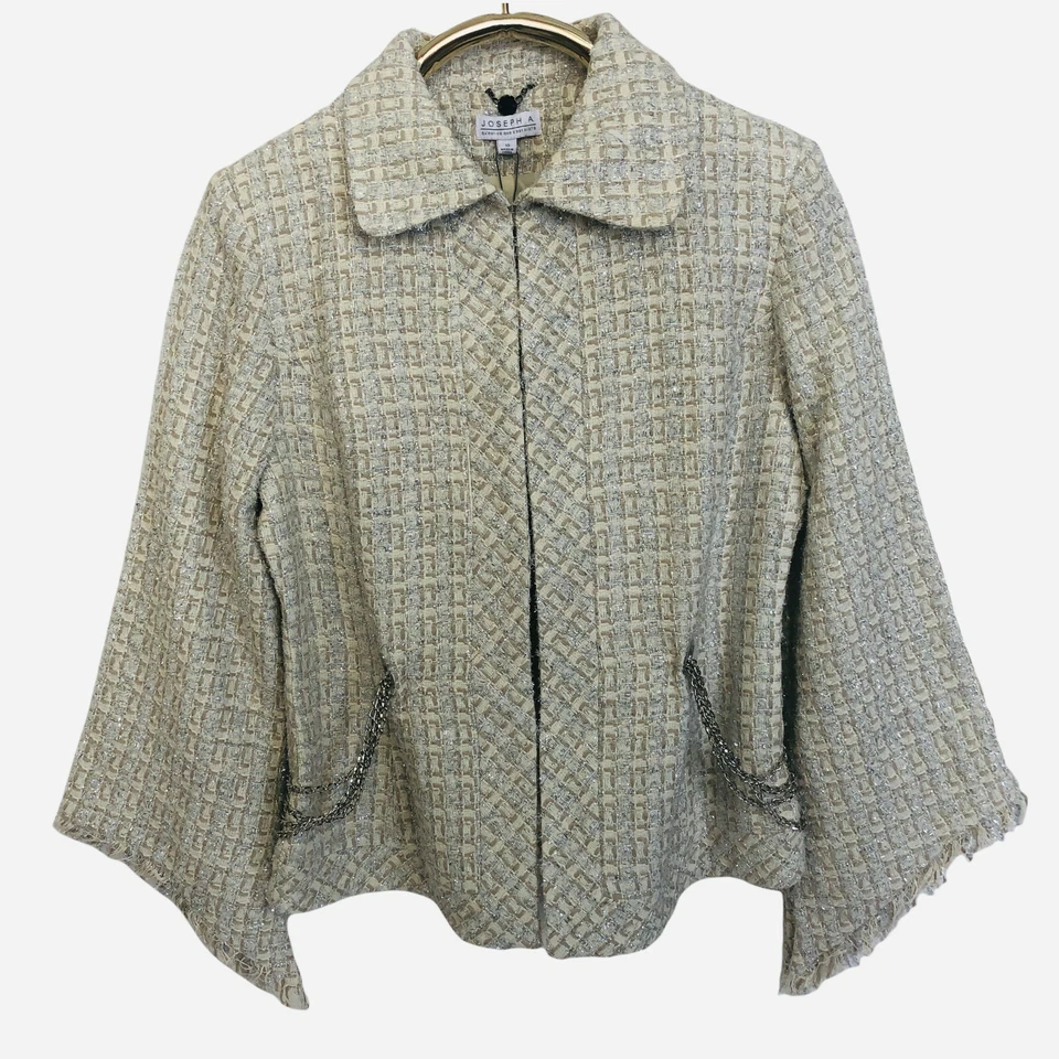 Chaqueta Joseph A Tweed Talla 10 Marfil Dorado Metálico Flecos Cadenas Oficina Sirena Foto 4 de 4