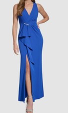 Eliza J Women's Blue V-Neck Cascading-Ruffle Side-Slit Gown Size 6