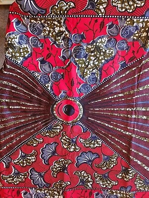 African Wax Block Fabric Red, Navy, Green & White 4+ Yards