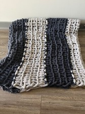 Handmade navy and grey stripe chunky knit blanket throw blanket 64" x 59"